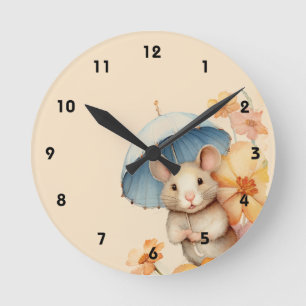 Reloj Redondo Mediano Ratón paraguas azul flores papel viejo