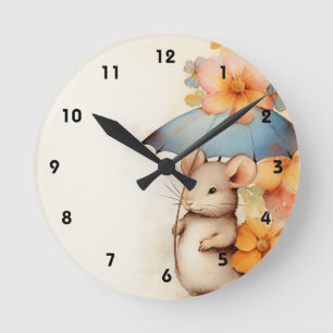 Reloj Redondo Mediano Ratón paraguas azul naranja y flores azules