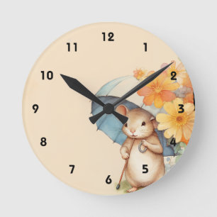Reloj Redondo Mediano Ratón sombrilla linda flores naranjas papel viejo