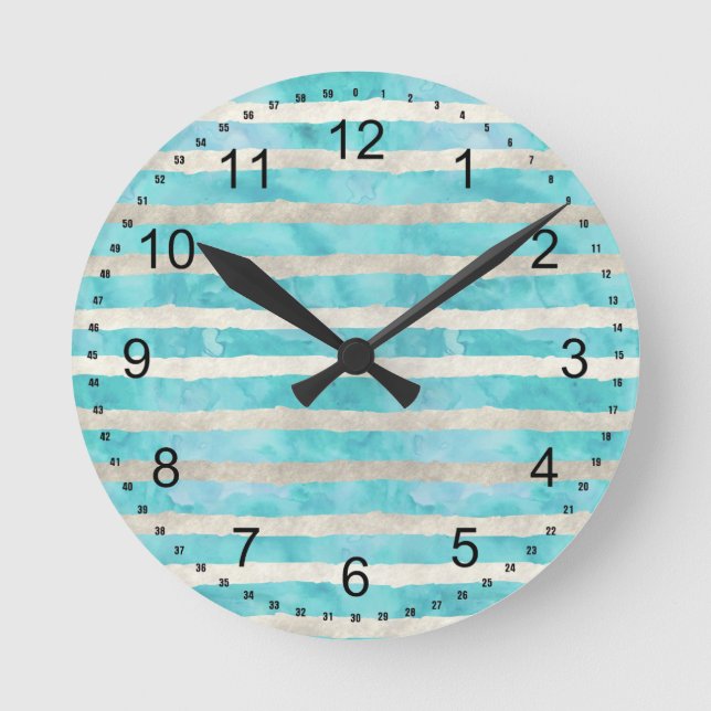 Reloj Redondo Mediano Rayas de Acuarela Blancas Aqua (Anverso)