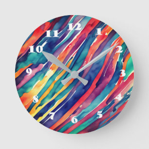 Reloj Redondo Mediano Rayas de acuarela naranja, rosa azul verde púrpura