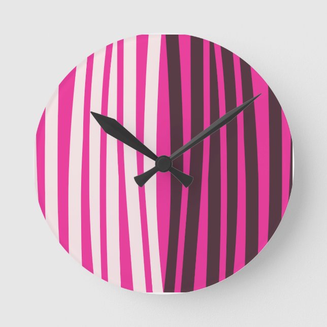 Reloj Redondo Mediano Rayas verticales rosadas blancas y negras (Anverso)