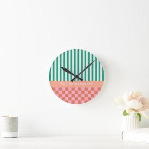 Reloj Redondo Mediano Rayas y chequitos de color Naranja rosa verde