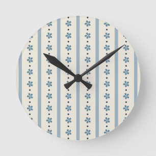 Reloj Redondo Mediano Rayas y Flores Azules y Crema