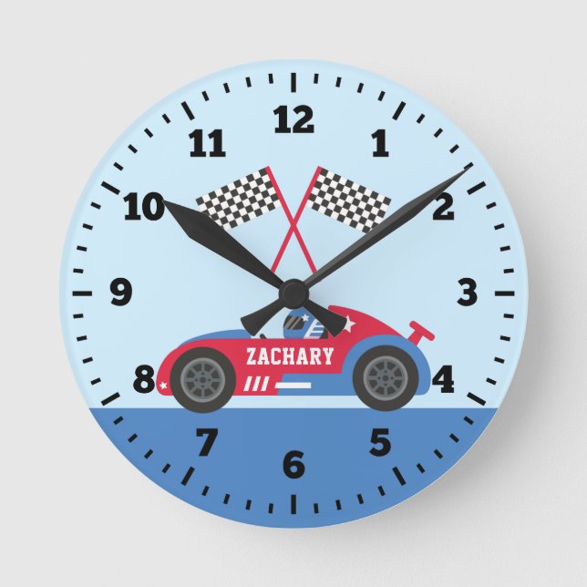 Reloj Redondo Mediano Raza azul y roja Race Car Racer Boys Bed Wall Deco (Anverso)