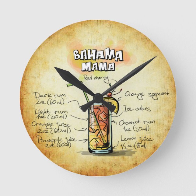 Reloj Redondo Mediano Receta Bahama Mama Cocktail (Anverso)