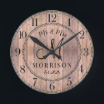 Reloj Redondo Mediano Recién Casados Boda Personalizada Rústica<br><div class="desc">Un reloj de pared de boda rústico moderno con madera de granero y tablillas de madera con monograma,  fecha de establecimiento y nombre de casados.</div>