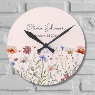 Reloj Redondo Mediano Recuerdo de nacimiento de bebé con flores silvestr