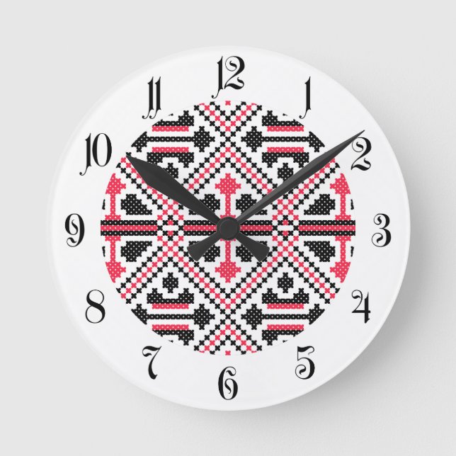 Reloj Redondo Mediano Red and Black cross-stitch Retro Pattern (Anverso)