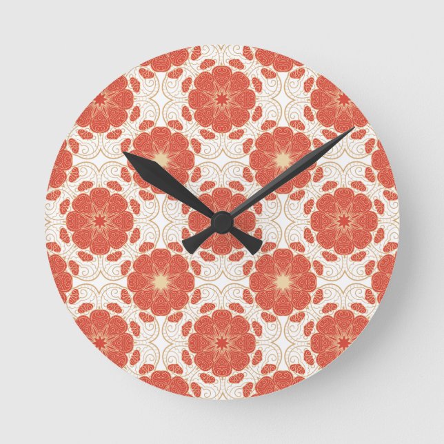 Reloj Redondo Mediano Red And Gold Floral Lace Pattern (Anverso)