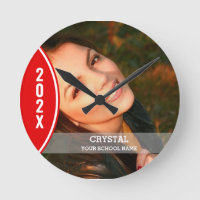 Red and White Graduation Photo Round Clock