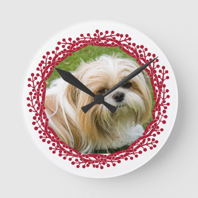 Reloj Redondo Mediano Red berry wreath custom photo frame design (Anverso)