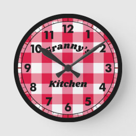 Reloj Redondo Mediano Red Gingham Black Retro Name