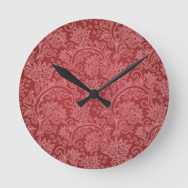 Reloj Redondo Mediano Red Paisley Damask Designer Floral Classic (Anverso)