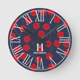 Reloj Redondo Mediano Red Poppy Flowers & Navy Blue | Family Monogram