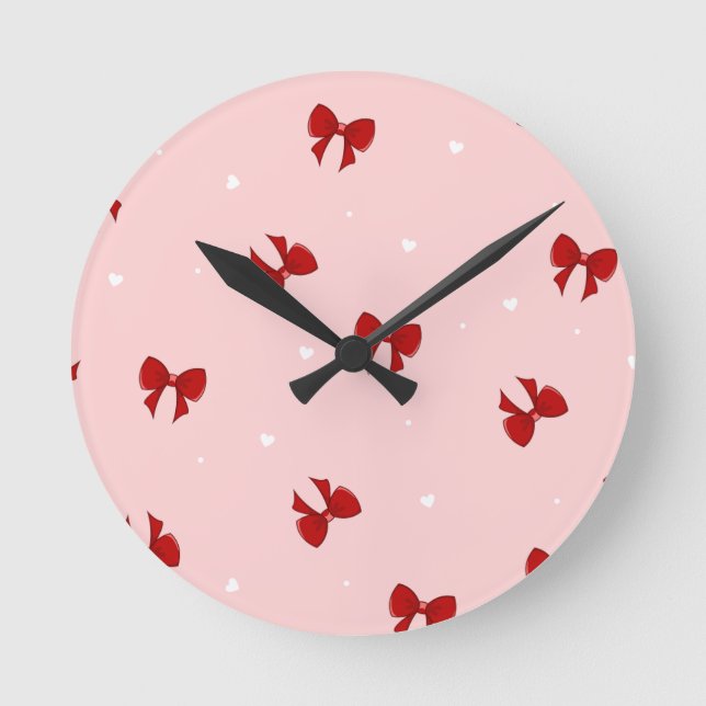 Reloj Redondo Mediano Red Ribbon Bow Pattern | Sweet Pastel Pink Cute  (Anverso)
