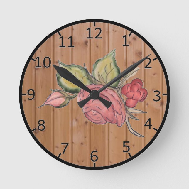 Reloj Redondo Mediano Red Rose On Wooden Background (Anverso)