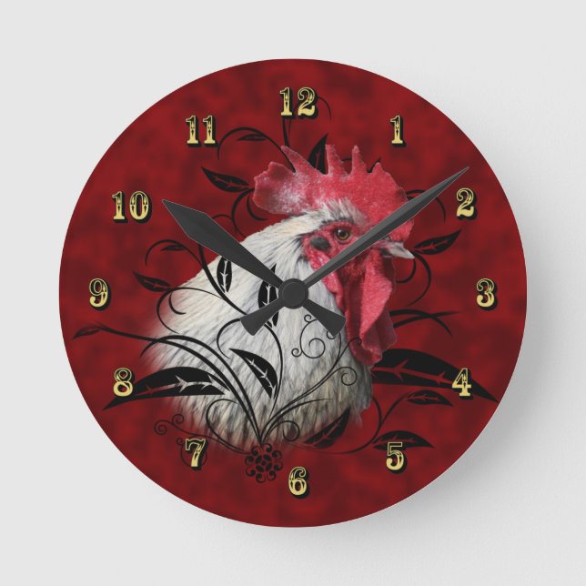 Reloj Redondo Mediano Red White Rooster Kitchen Wall Clock (Anverso)
