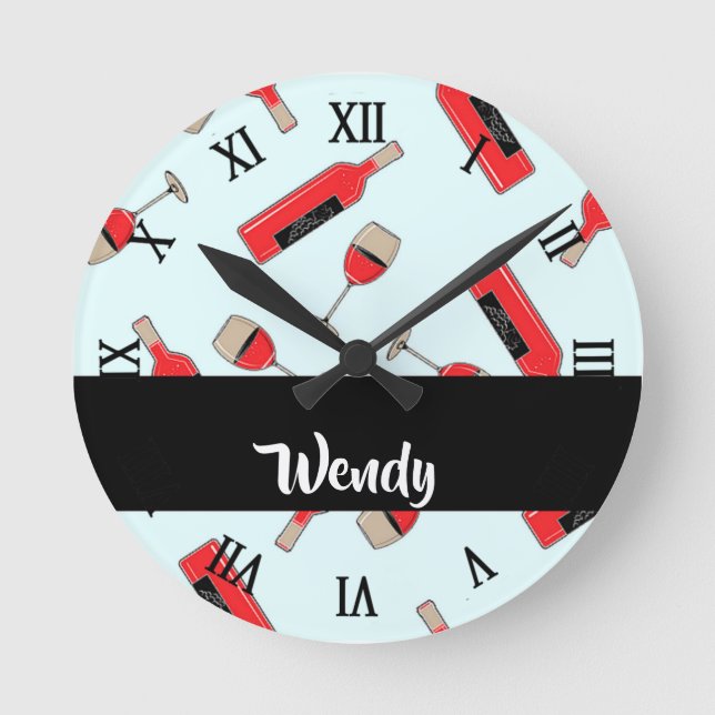 Reloj Redondo Mediano Red wine bottles and glasses pattern (Anverso)