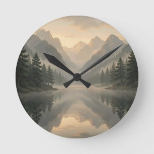 Reloj Redondo Mediano Reflejo del lago de la montaña brumosa Bosque de p