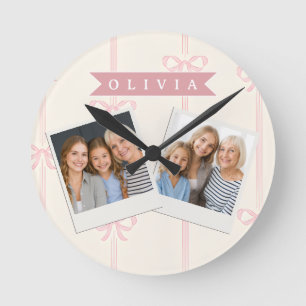 Reloj Redondo Mediano Regalo de nombre de lazo rosa personalizado Elegan