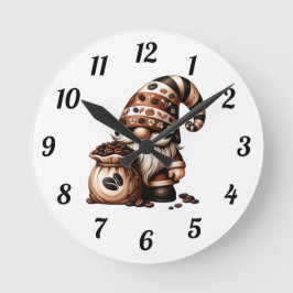 Reloj Redondo Mediano Regalo Gnomo de Café Marrón Blanco Caprichoso Lind