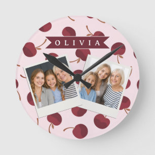 Reloj Redondo Mediano Regalo personalizado con patrón de cereza y nombre