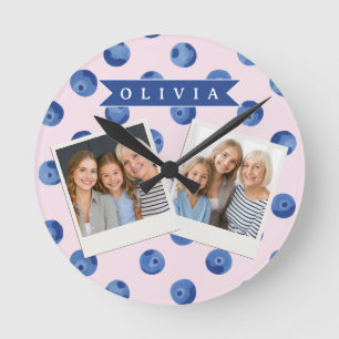 Reloj Redondo Mediano Regalo Personalizado de Acuarela de Arándano Azul