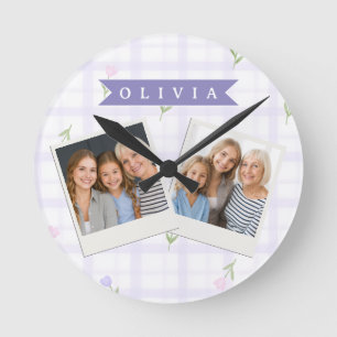 Reloj Redondo Mediano Regalo Personalizado de Nombre Floral de Cuadros d