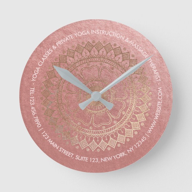 Reloj Redondo Mediano Relieve metalizado dorado rosado Mandala (Anverso)
