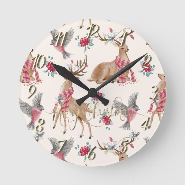 Reloj Redondo Mediano Renos Adorables, Aves, Flores   (Anverso)