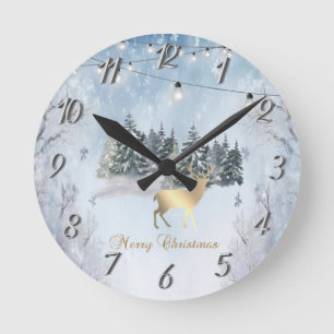 Reloj Redondo Mediano Renos dorados,bosque,Luz de cadena Paisaje