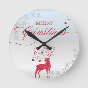 Reloj Redondo Mediano Renos Rojos Copos de Nieve de Plata Navidad