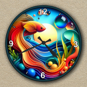Reloj Redondo Mediano Resumen de peces Betta vibrante de personalizable