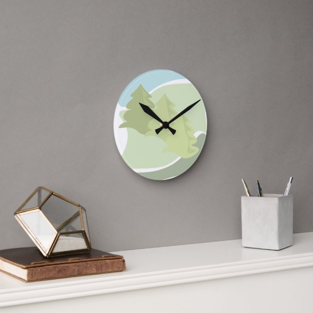 Reloj Redondo Mediano Resumen del paisaje natural con árboles de abetos  (Oficina)