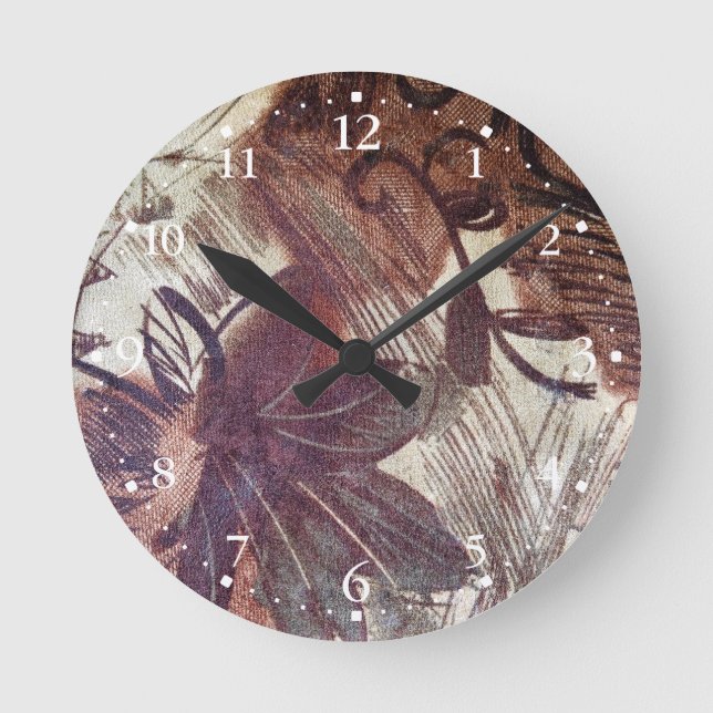 Reloj Redondo Mediano Resumen Diseño floral marrón 1 (Anverso)