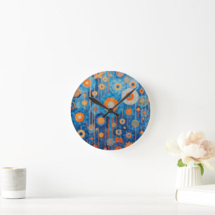 Reloj Redondo Mediano Resumen en floral azul y naranja