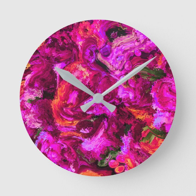 Reloj Redondo Mediano Resumen en morado, Naranjas y verdes (Anverso)