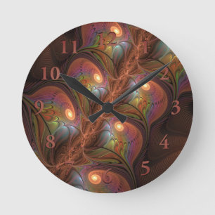 Reloj Redondo Mediano Resumen fluorescente colorido Trippy Brown Fractal