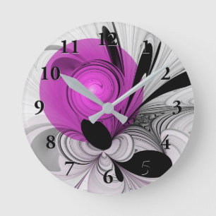 Reloj Redondo Mediano Resumen Gris Negro Con Arte Fractal Magenta