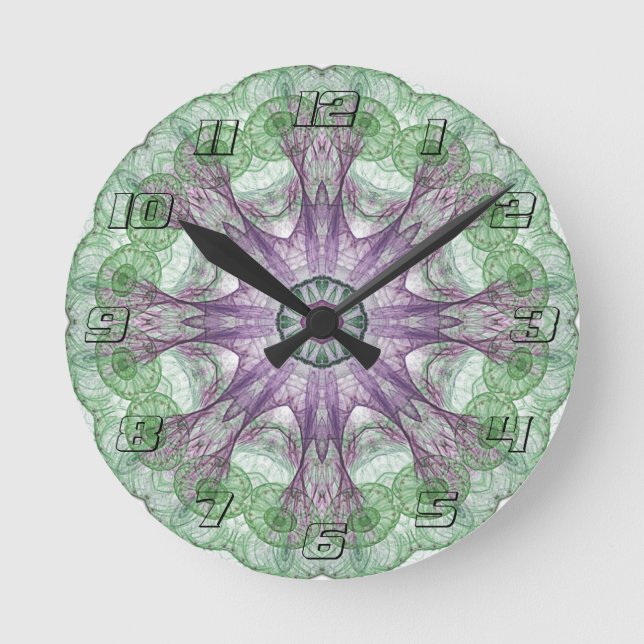 Reloj Redondo Mediano Resumen moderno Diseño fractal púrpura y verde (Anverso)