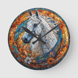 Reloj Redondo Mediano Retrato de caballo elegante en vidrio emplomado