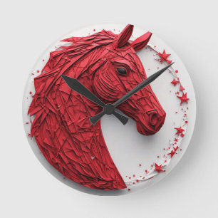 Reloj Redondo Mediano Retrato de caballo geométrico en rojo y blanco vib