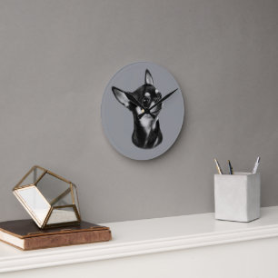 Reloj Redondo Mediano Retrato de Chihuahua Pintado a Mano - Decoración p