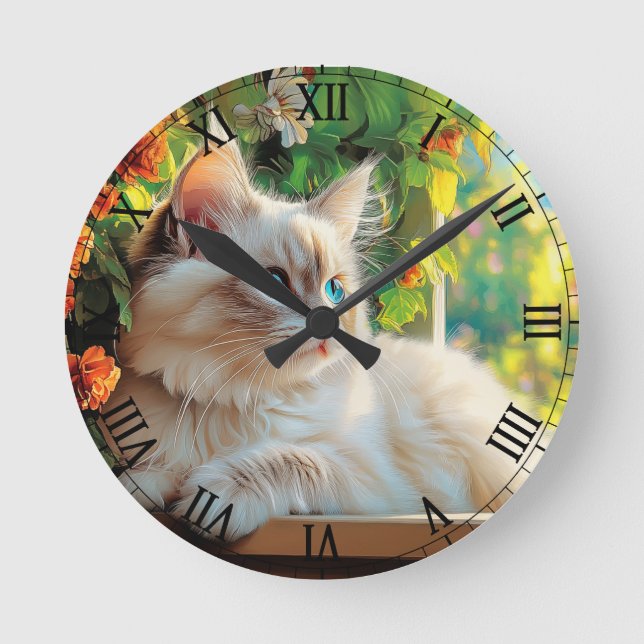 Reloj Redondo Mediano Retrato de gato de Ragdoll con flores (Anverso)