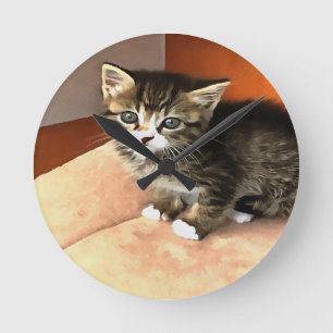 Reloj Redondo Mediano Retrato de Mascota de gatitos de Tabby