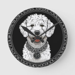 Reloj Redondo Mediano Retrato de perro blanco con collar de cadena
