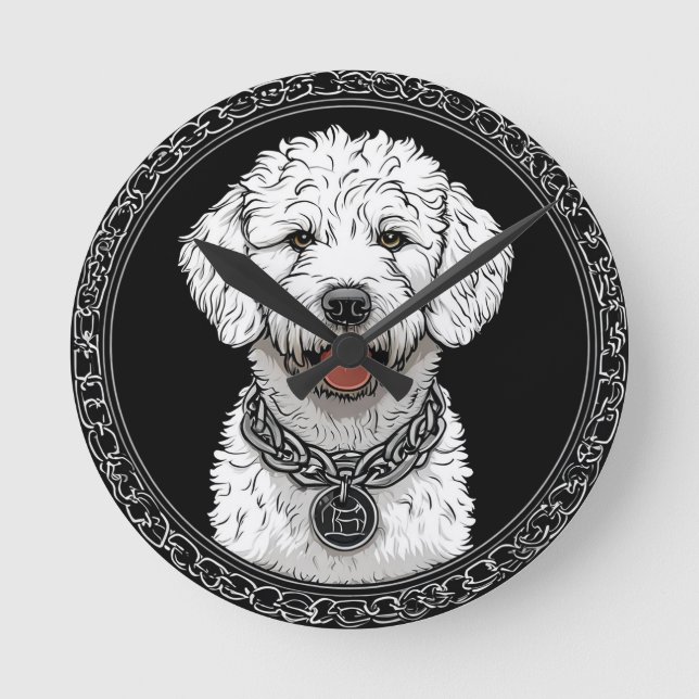 Reloj Redondo Mediano Retrato de perro blanco con collar de cadena (Anverso)