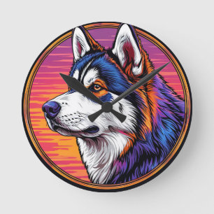 Reloj Redondo Mediano Retrato de perro con fondo inspirado en mosaico