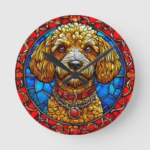 Reloj Redondo Mediano Retrato de perro en vidrio emplomado colorido